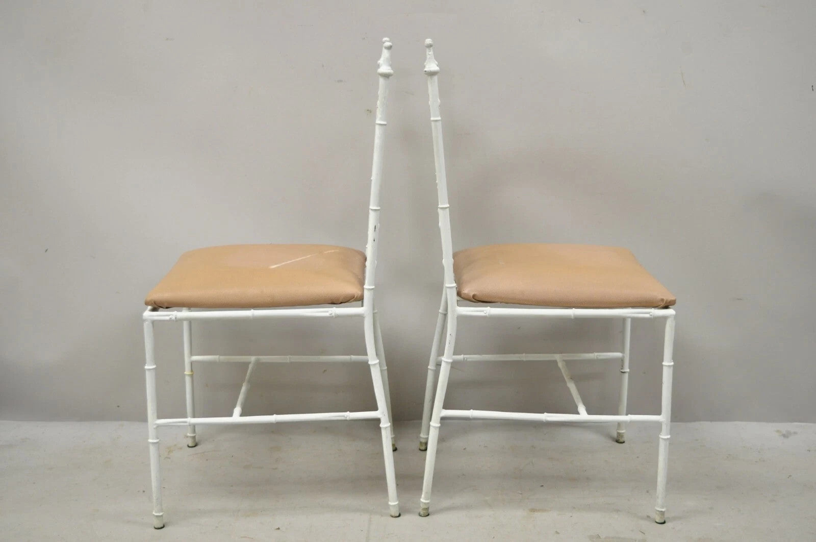 Vintage Italian Hollywood Regency White Faux Bamboo Metal Accent Side Chair Pair