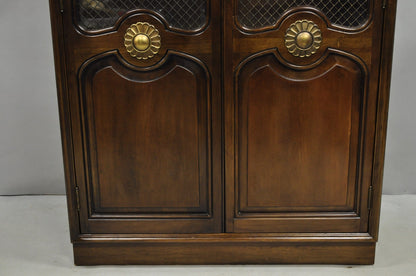 Vintage French Country Dark Cherry Wood Tall Lighted Curio Display Cabinet Pair
