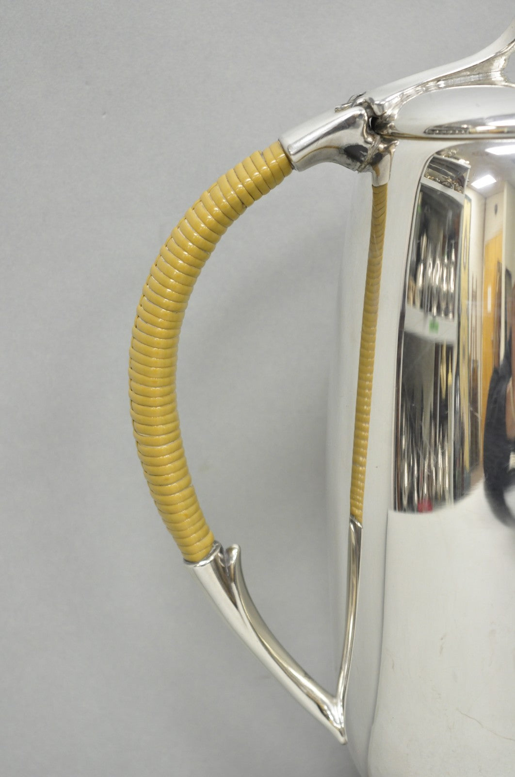 Amston Mid Century Modern Silver Plated Rattan Wicker Handle Coffee Pot Pitcher