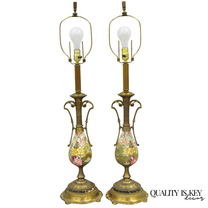Antique Victorian Brass and Porcelain Urn Hand Painted Flower Table Lamps a Pair