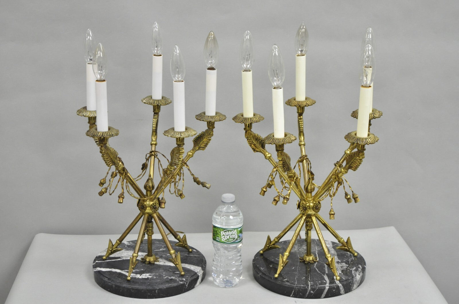Vintage French Neoclassical Brass "Arrow" Marble Candelabra Table Lamps - a Pair