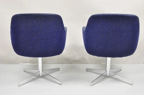 Vintage Mid Century Modern Blue Upholstered Chrome Swivel Base Club Chair - Pair