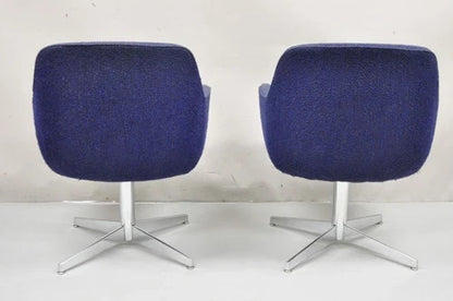 Vintage Mid Century Modern Blue Upholstered Chrome Swivel Base Club Chair - Pair