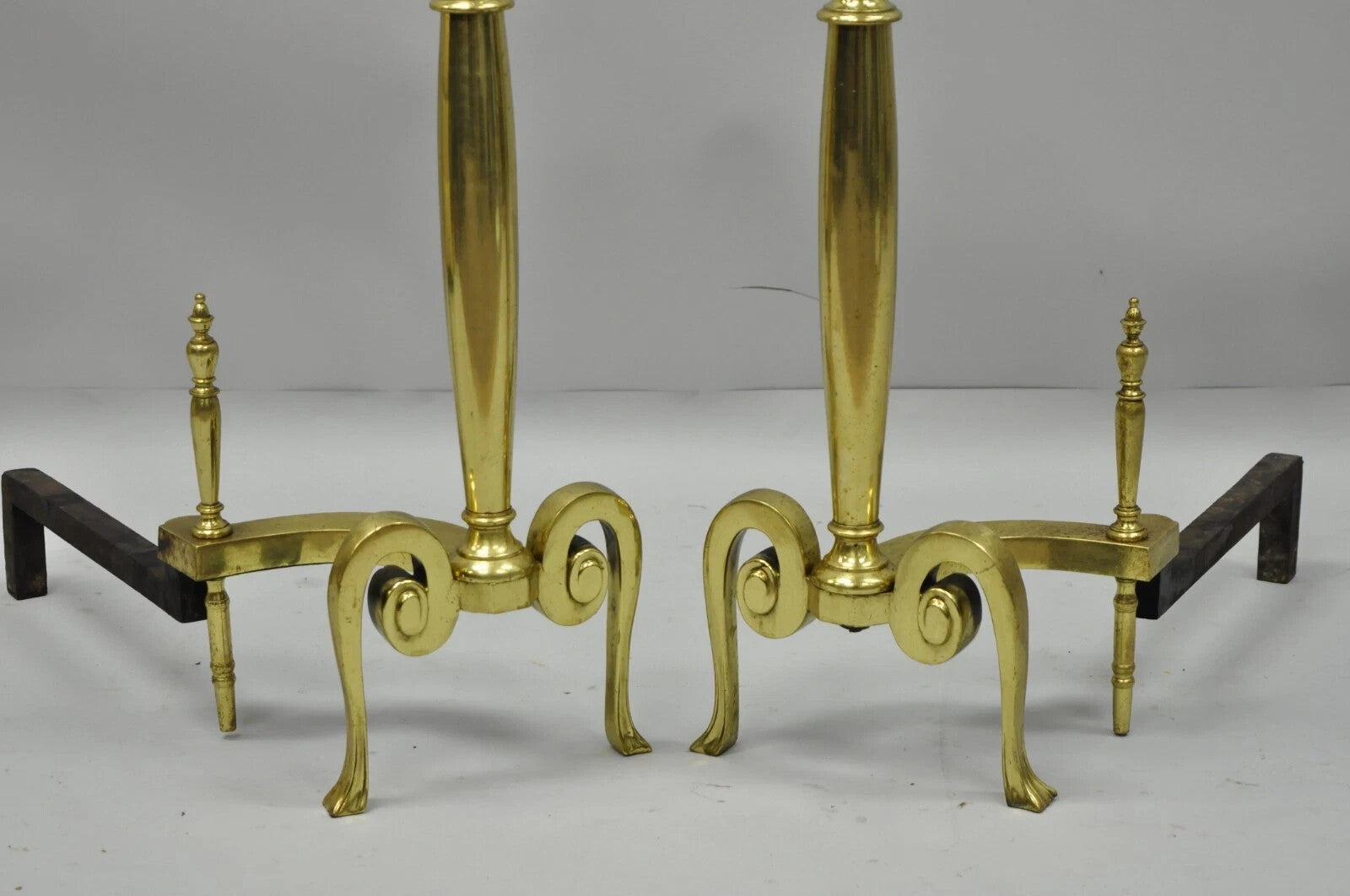 Antique French Art Nouveau Style Brass Urn Finial Fireplace Andirons - a Pair