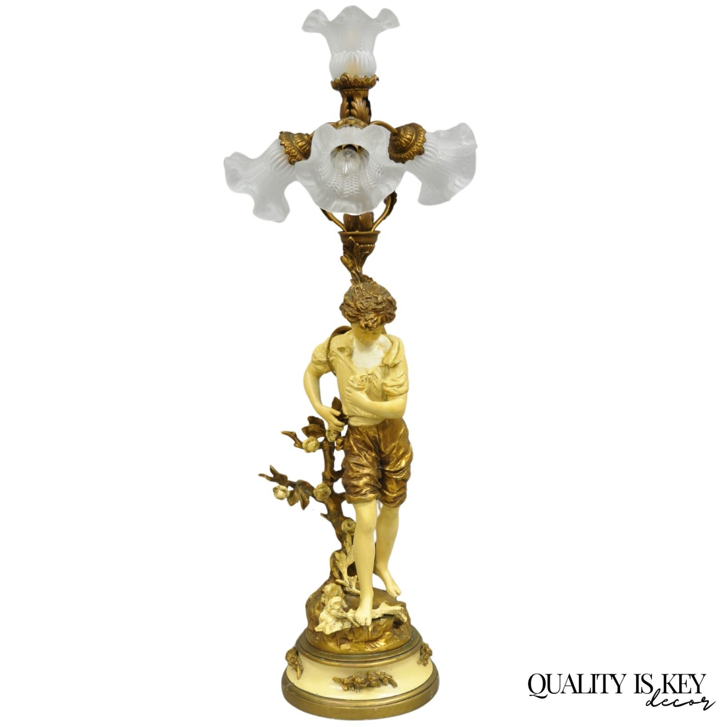 Vintage French L&F Moreau Figural Gold Painted Metal Boy Torchiere Table Lamp