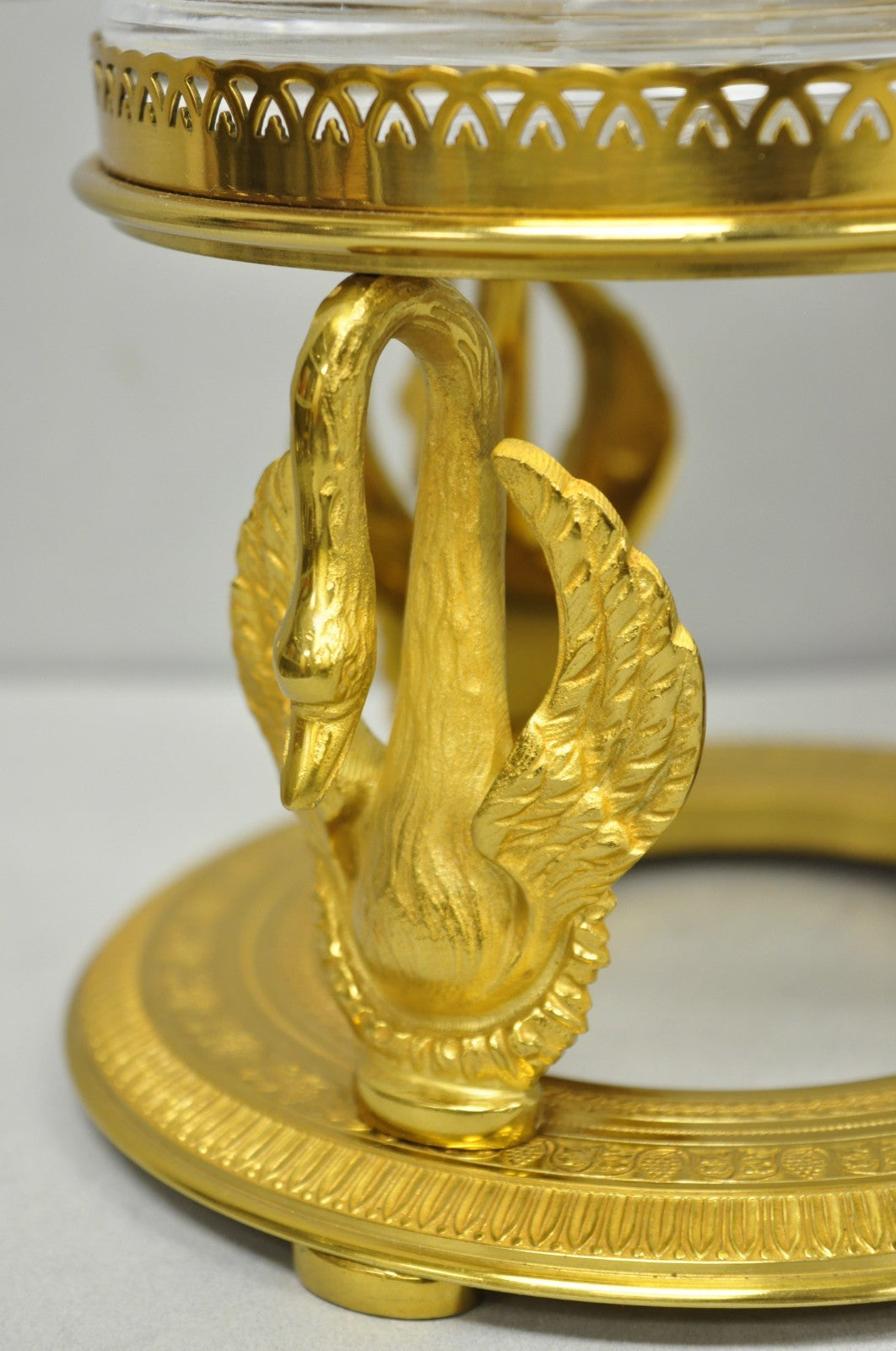 Vintage French Baccarat Style Bronze Swan & Cut Crystal Glass Liquor Decanter