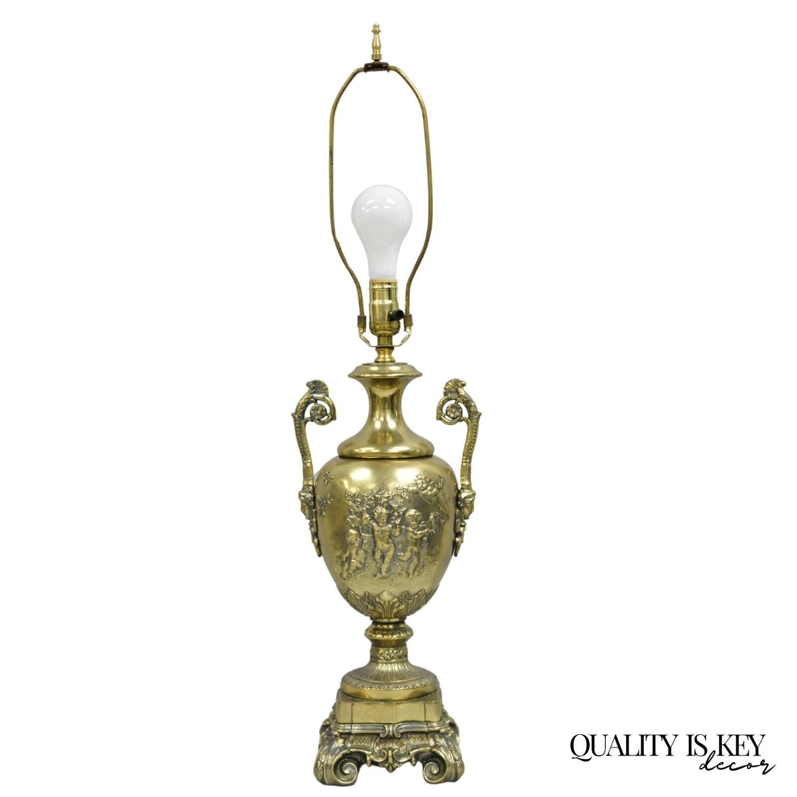 Vintage French Louis XV Renaissance Brass Figural Dancing Cherubs Urn Table Lamp