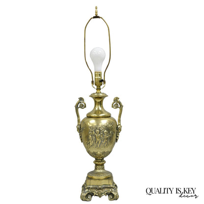 Vintage French Louis XV Renaissance Brass Figural Dancing Cherubs Urn Table Lamp
