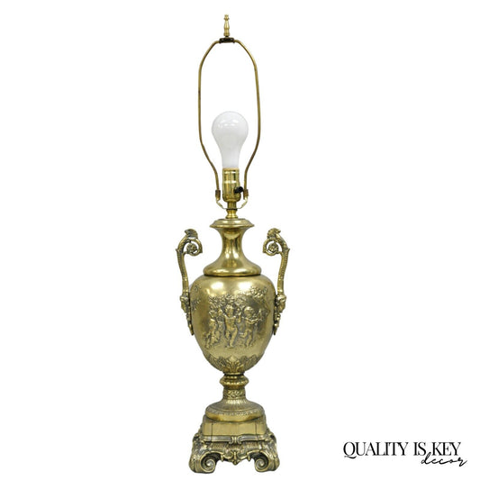 Vintage French Louis XV Renaissance Brass Figural Dancing Cherubs Urn Table Lamp