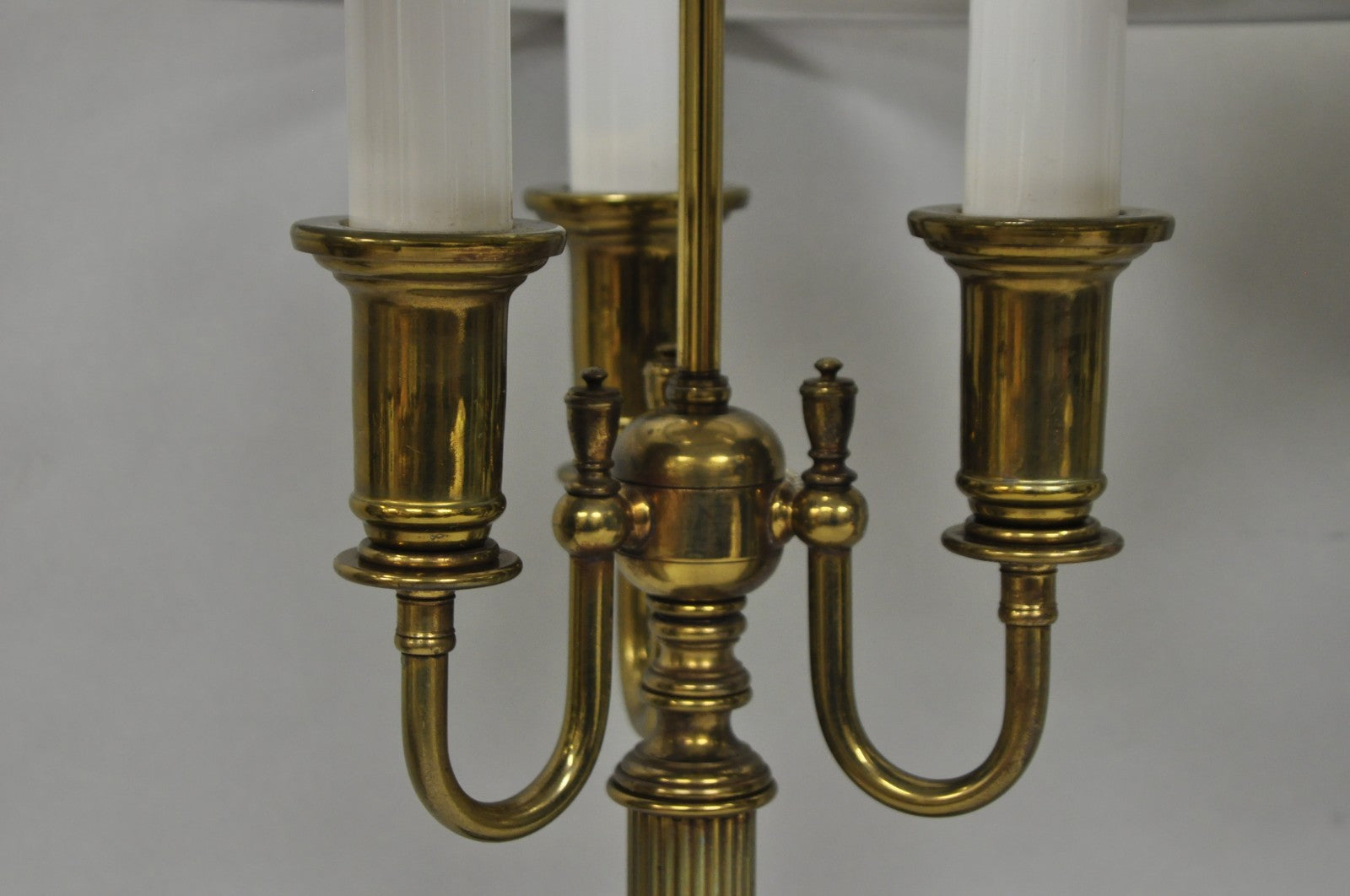 Vintage French Country Tole Metal Shade Brass Column Candelabra Table Lamps Pair