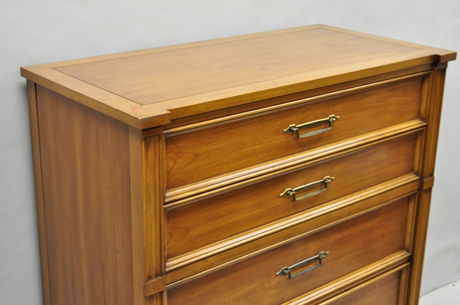 Vintage Hollywood Regency Cherry Wood 5 Drawer Tall Chest Dresser by White Furn