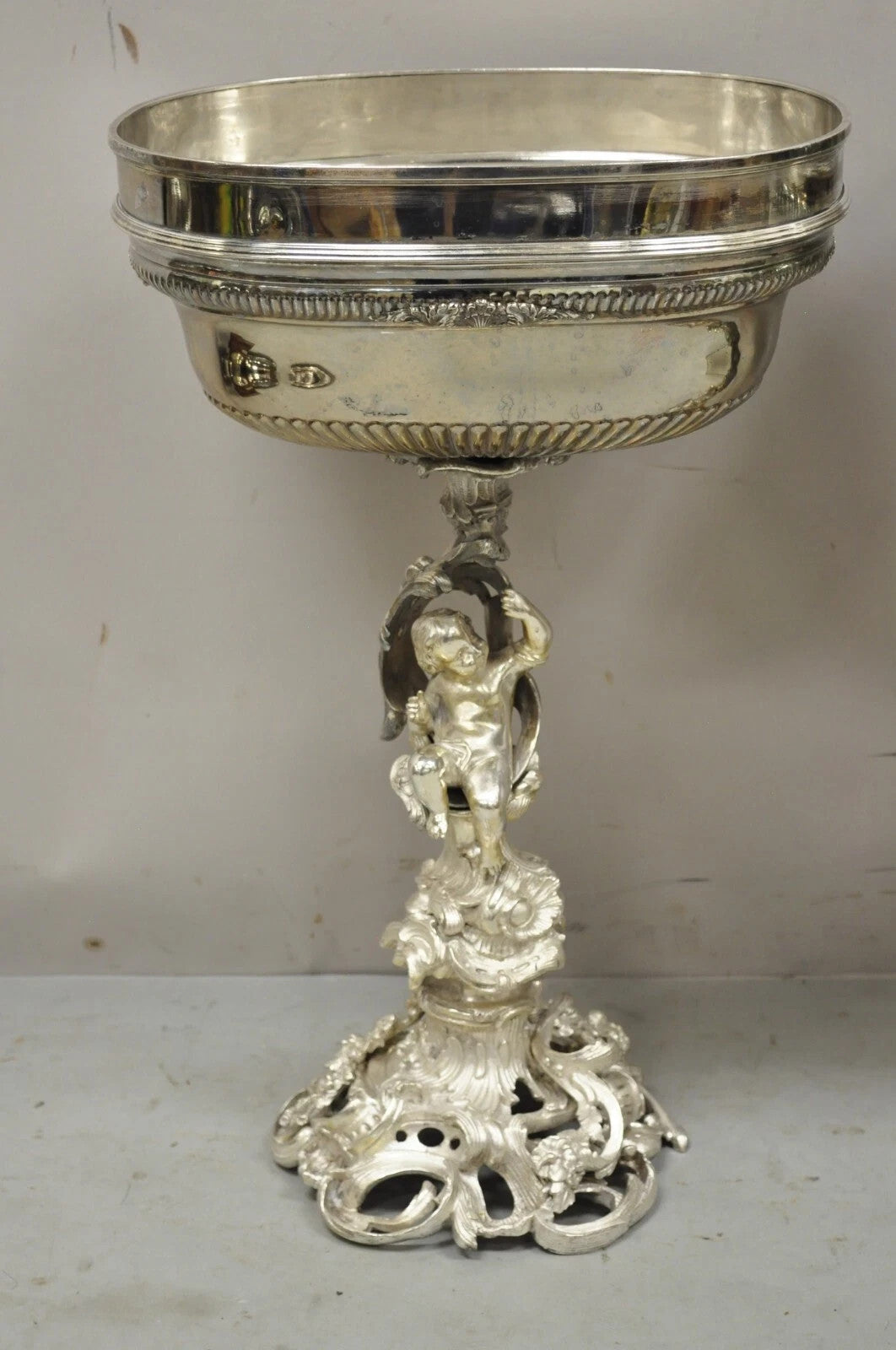 Antique French Rococo Silver Plated Cherub Dome Centerpiece Fruit Bowls - Pair