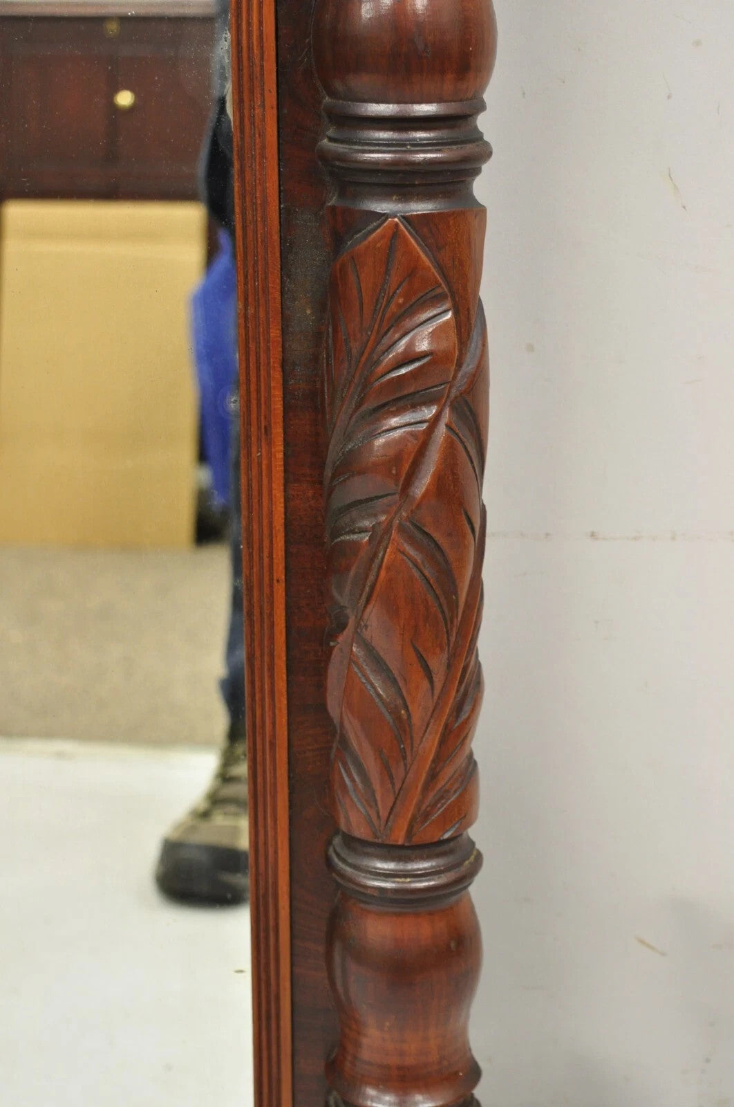 Antique American Empire Walnut Leaf Carved Wall Console Pier Mirror