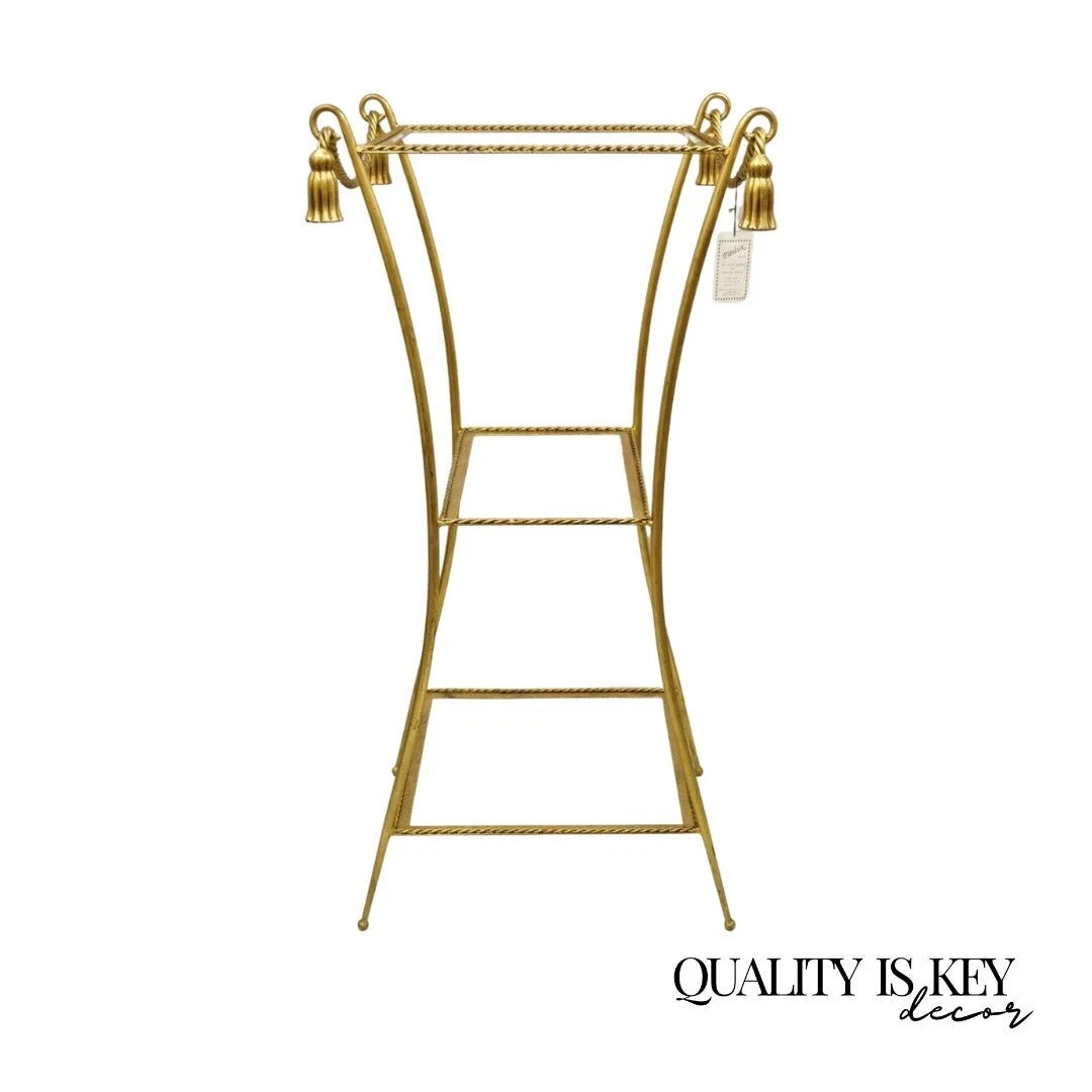 Italian Hollywood Regency Iron Rope Tassel Gold 3 Tier Etagere Stand Side Table