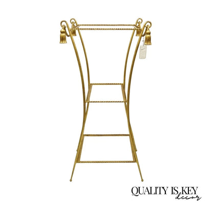 Italian Hollywood Regency Iron Rope Tassel Gold 3 Tier Etagere Stand Side Table