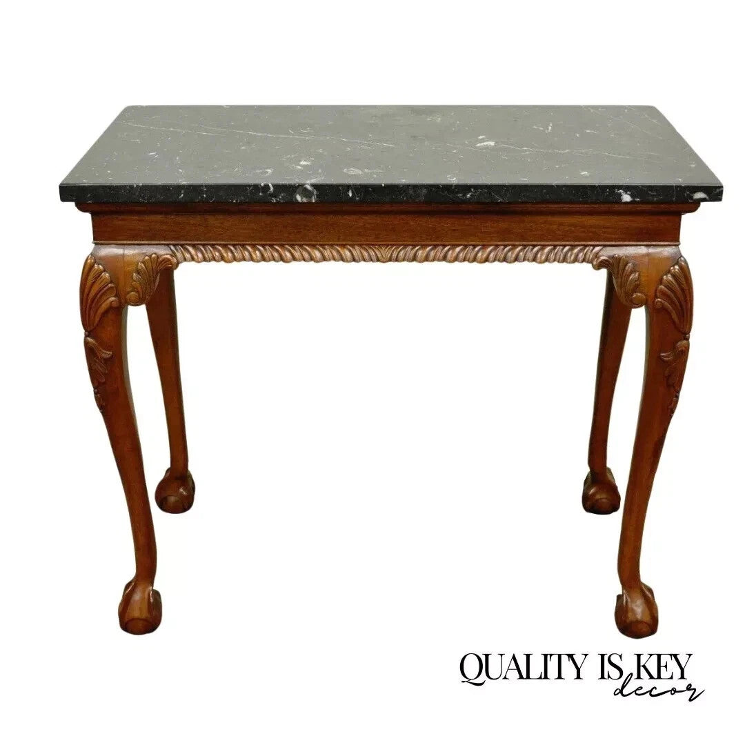 Vintage Chippendale Style Carved Mahogany Ball and Claw Marble Top Console Table