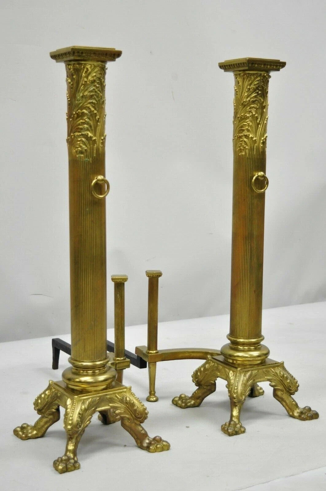 19th C. French Empire Bronze Large 32" Paw Foot Column Fireplace Andirons - Pair