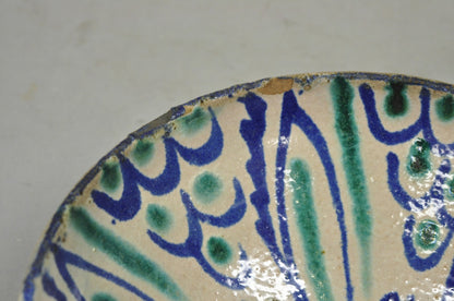 Antique Fajalauza Enamel Spanish Terracotta Pottery Blue Green Painted Bowl