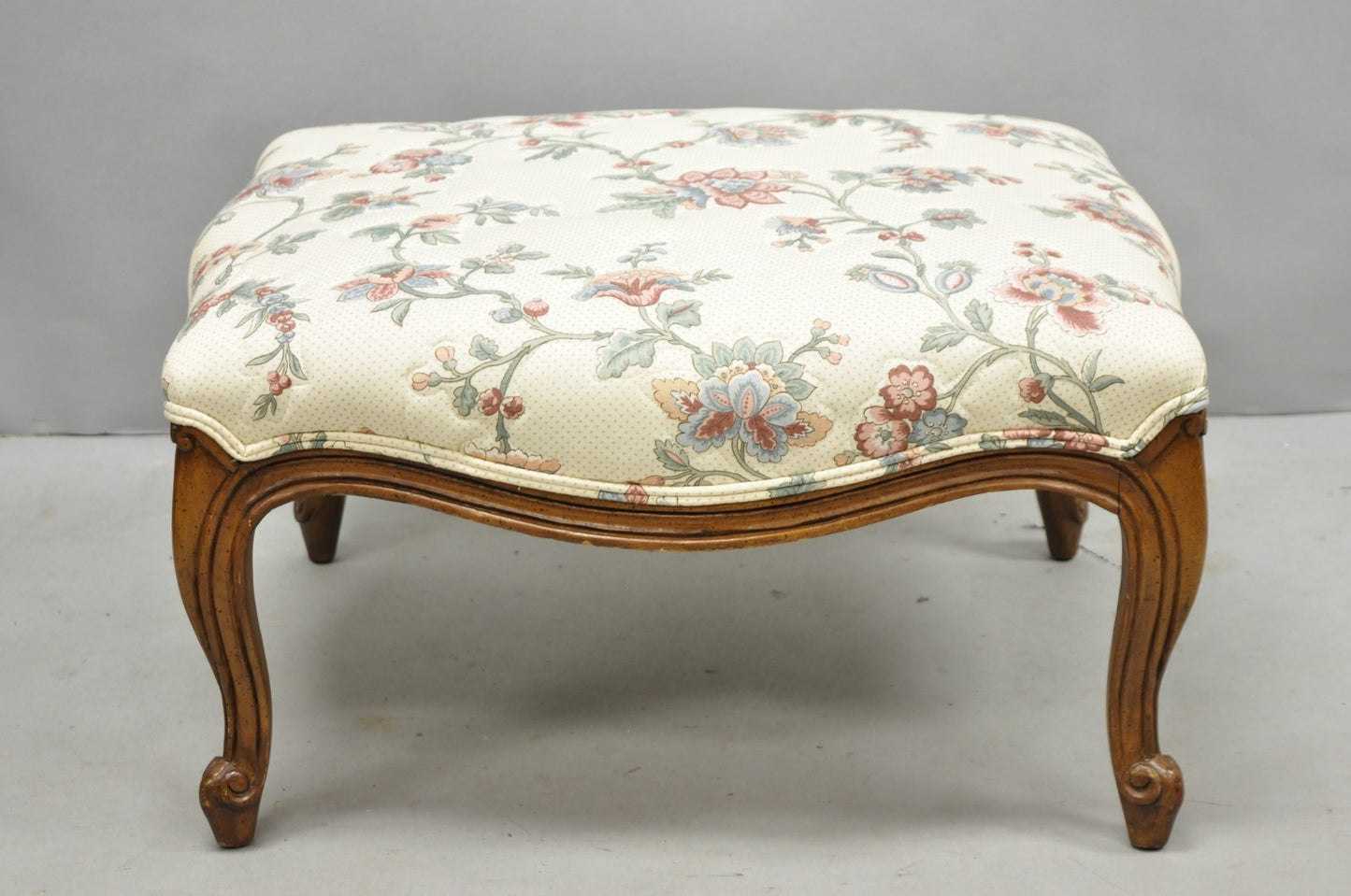 Vintage French Country Louis XV Carved Walnut Pink Floral Footstool Ottoman