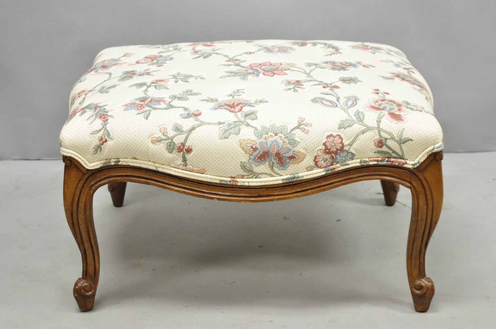Vintage French Country Louis XV Carved Walnut Pink Floral Footstool Ottoman