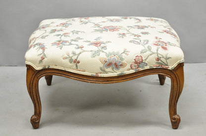 Vintage French Country Louis XV Carved Walnut Pink Floral Footstool Ottoman