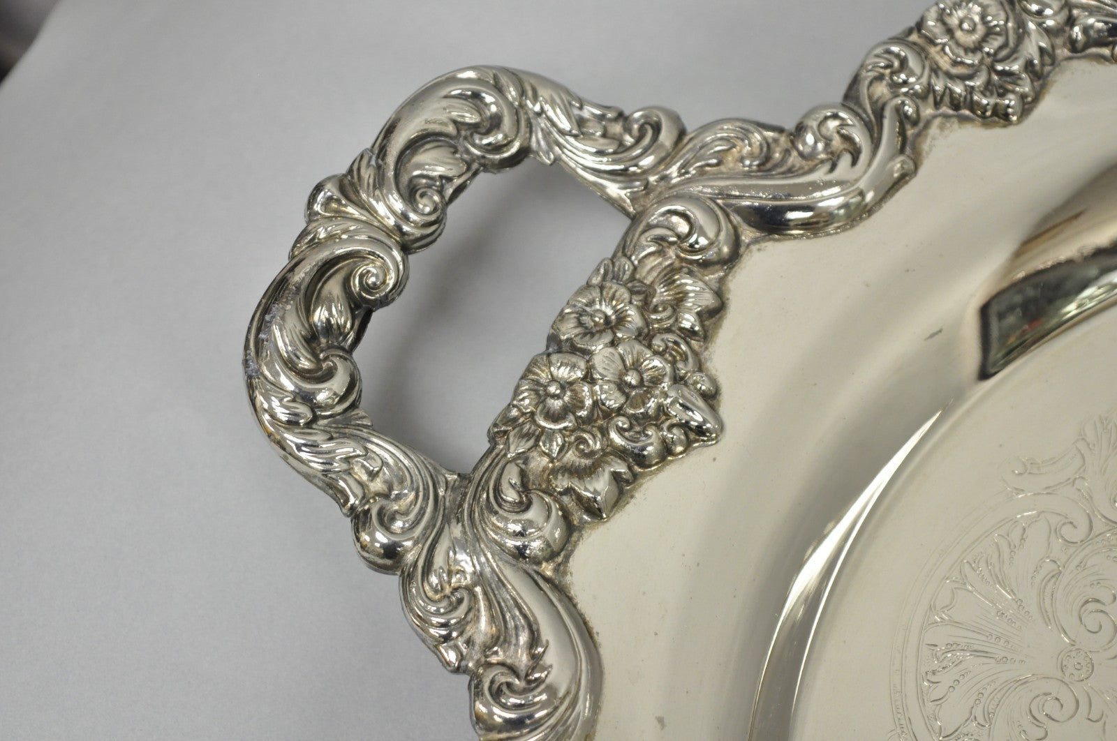 Vintage Extra Large Oval Silver Plated Serving Platter Bar Tray w/ Smoked Finish