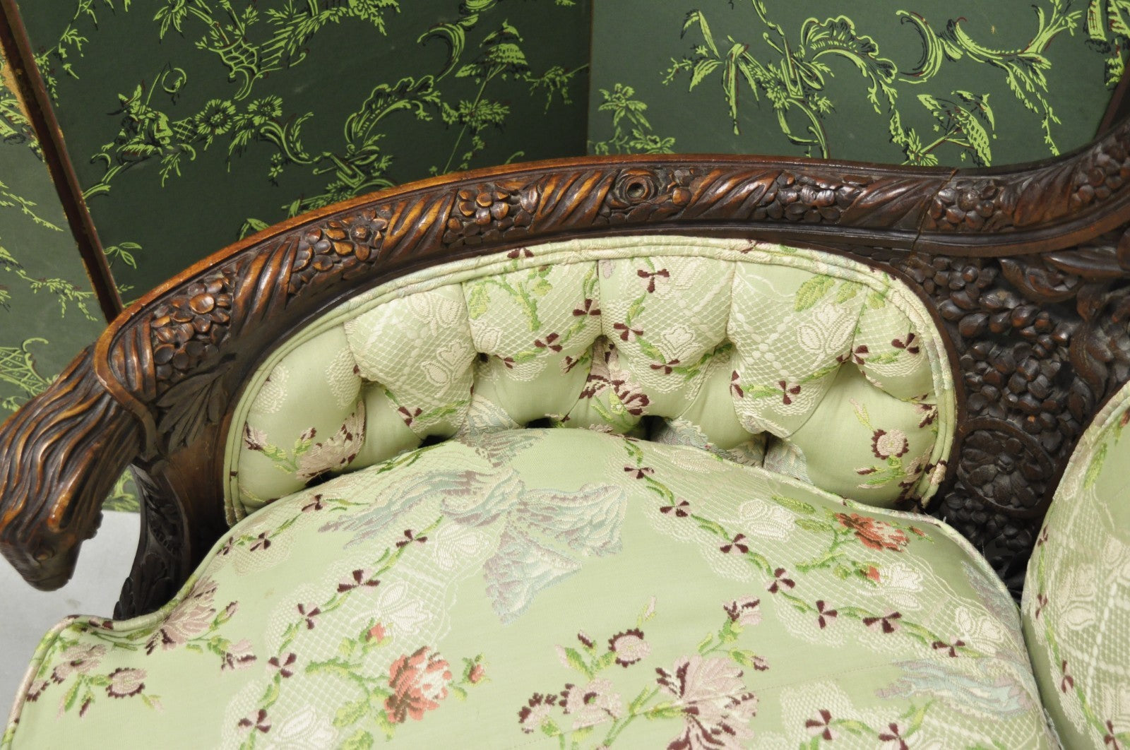 Antique Italian Renaissance Carved Walnut French Victorian Rams Head Green Sofa