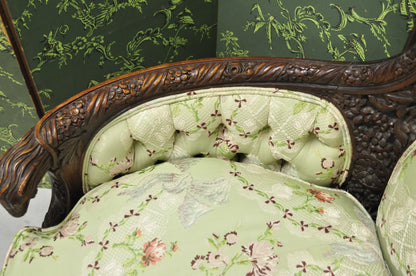 Antique Italian Renaissance Carved Walnut French Victorian Rams Head Green Sofa