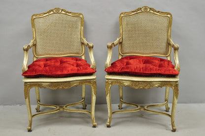Vintage French Louis XV Style Cream Painted Carved Wood Cane Arm Chairs - a Pair
