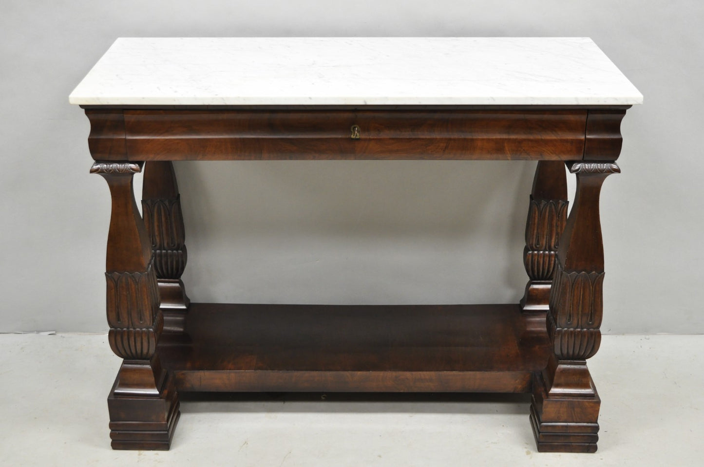 Antique French Empire Mahogany White Marble Top Console Hall Table w/ Drawer