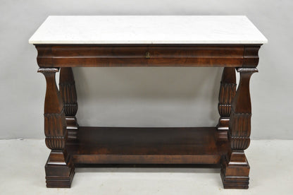Antique French Empire Mahogany White Marble Top Console Hall Table w/ Drawer