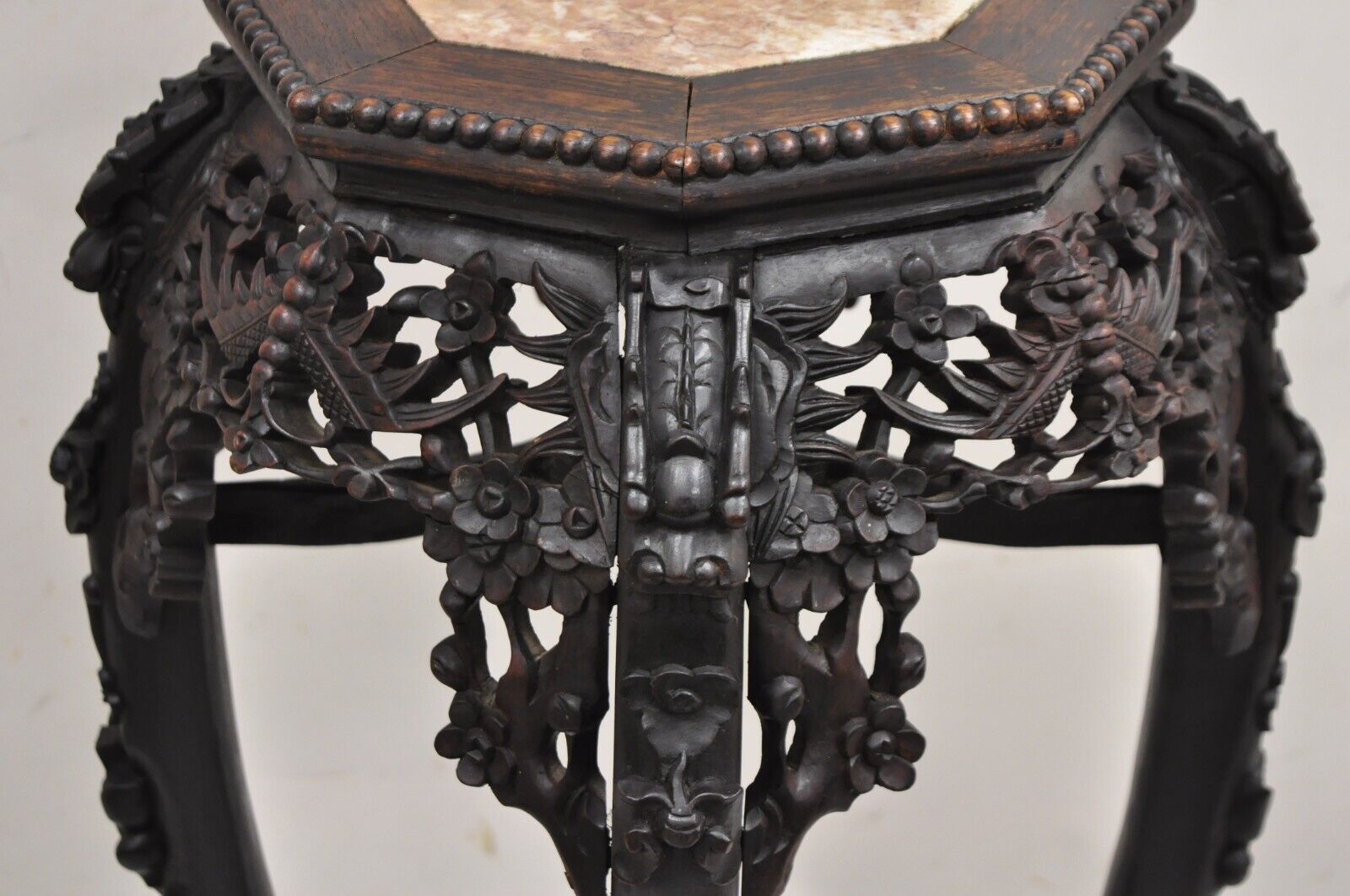 Antique Chinese Carved Hardwood Marble Top Oriental Plant Stand Side Table