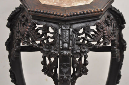 Antique Chinese Carved Hardwood Marble Top Oriental Plant Stand Side Table