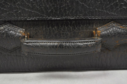 Vintage German Art Deco Dark Brown Black Buffalo Leather Travel Suitcase Luggage