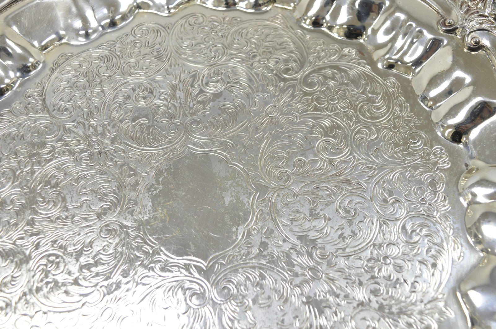 Vintage Victorian Silver Plated Round Scalloped Twin Handle Bar Serving Tray