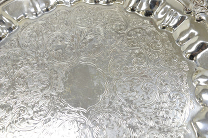 Vintage Victorian Silver Plated Round Scalloped Twin Handle Bar Serving Tray