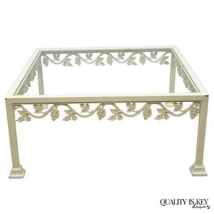 Vintage Woodard Style White Wrought Iron "Grapevine" Square Glass Coffee Table