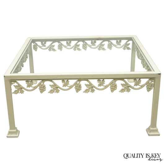 Vintage Woodard Style White Wrought Iron "Grapevine" Square Glass Coffee Table