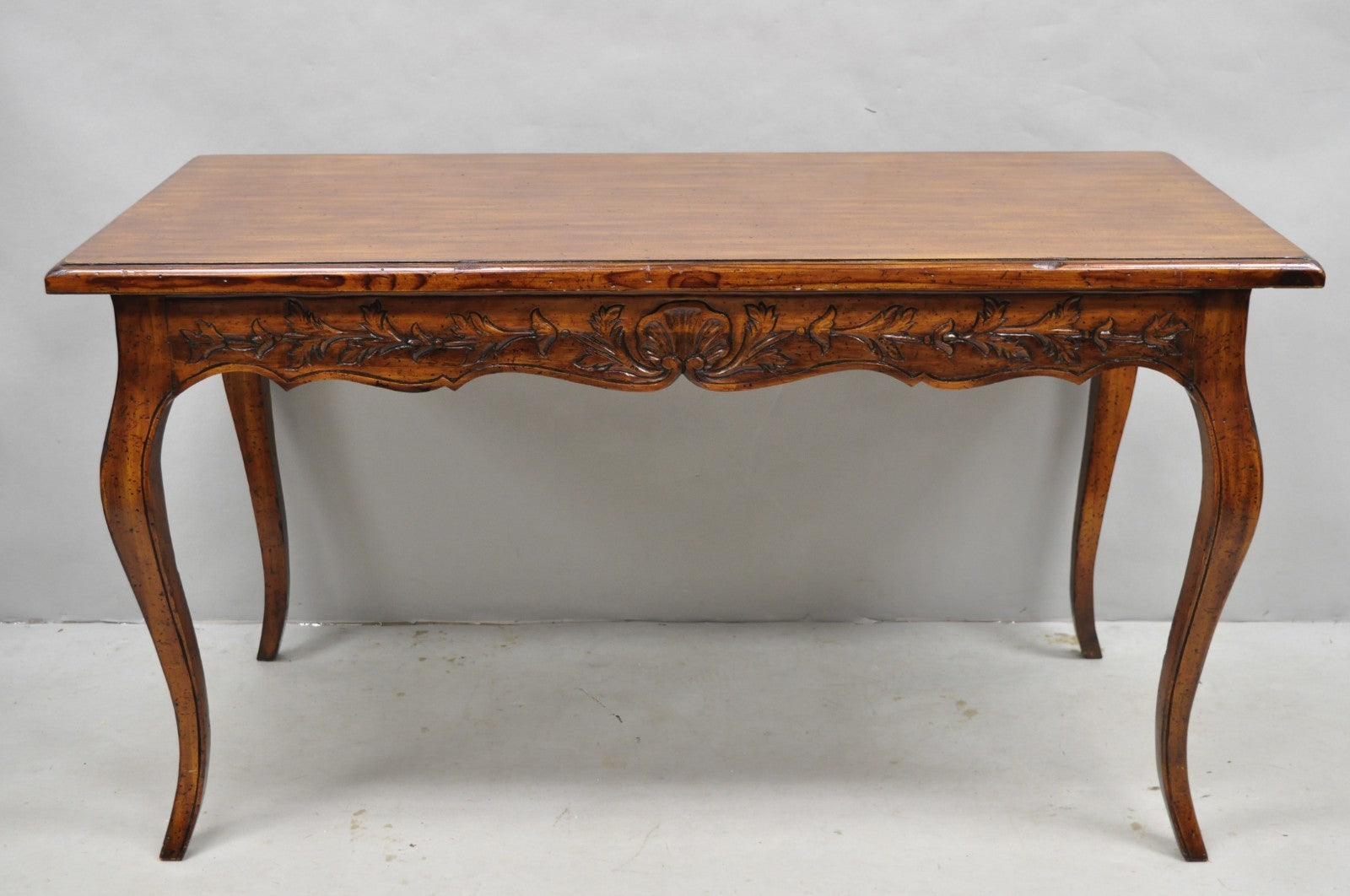 Vintage French Country Pine Wood Distress Floral Carved 1 Drawer Writing Desk