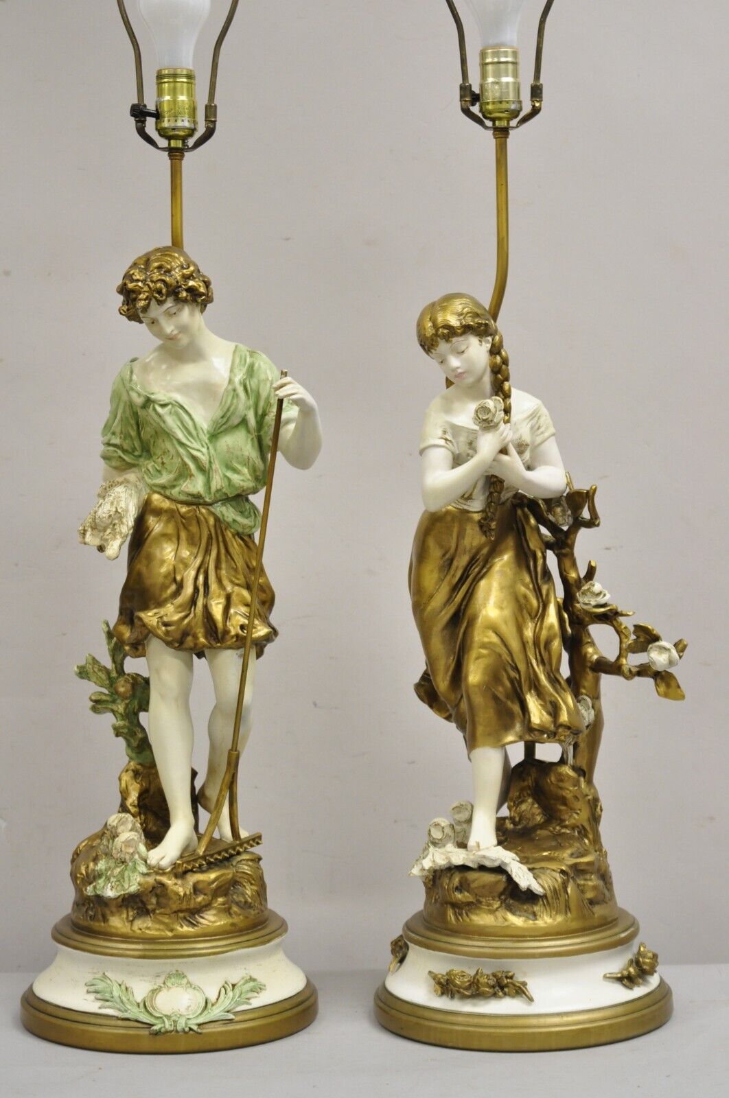 Vintage French Renaissance Moreau Metal Boy and Girl Figural Table Lamp - a Pair