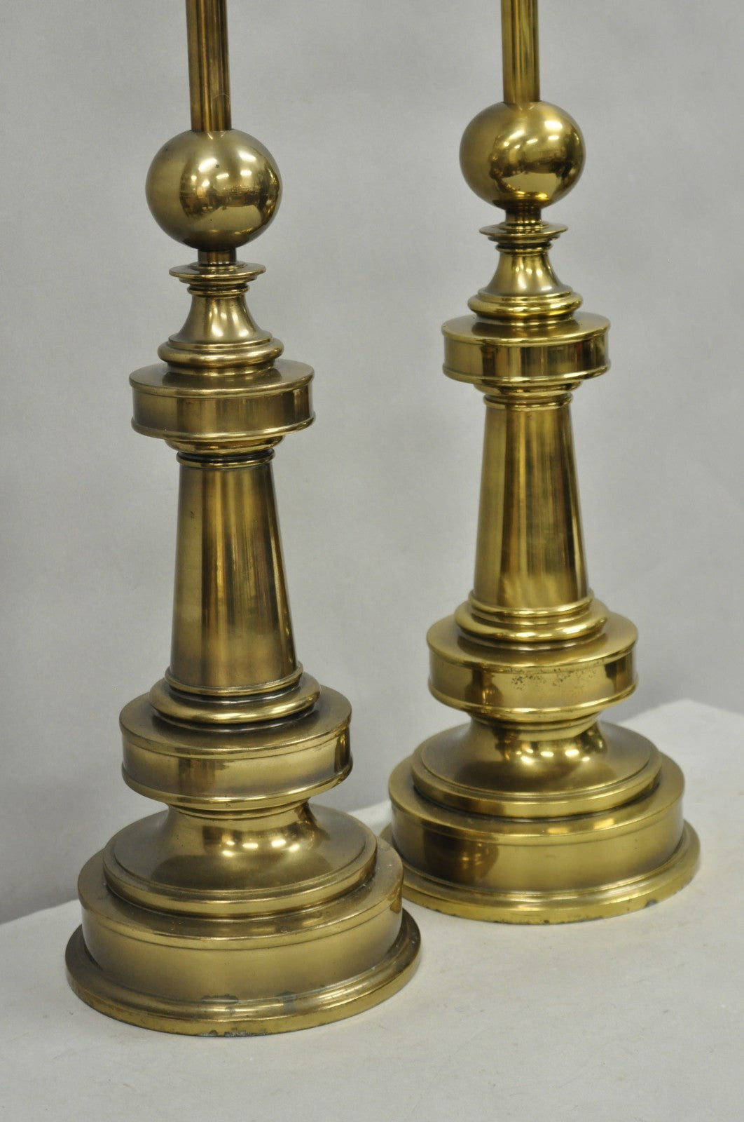 Vintage Stiffel Neoclassical Brass Cannonball Column Table Lamps - a Pair