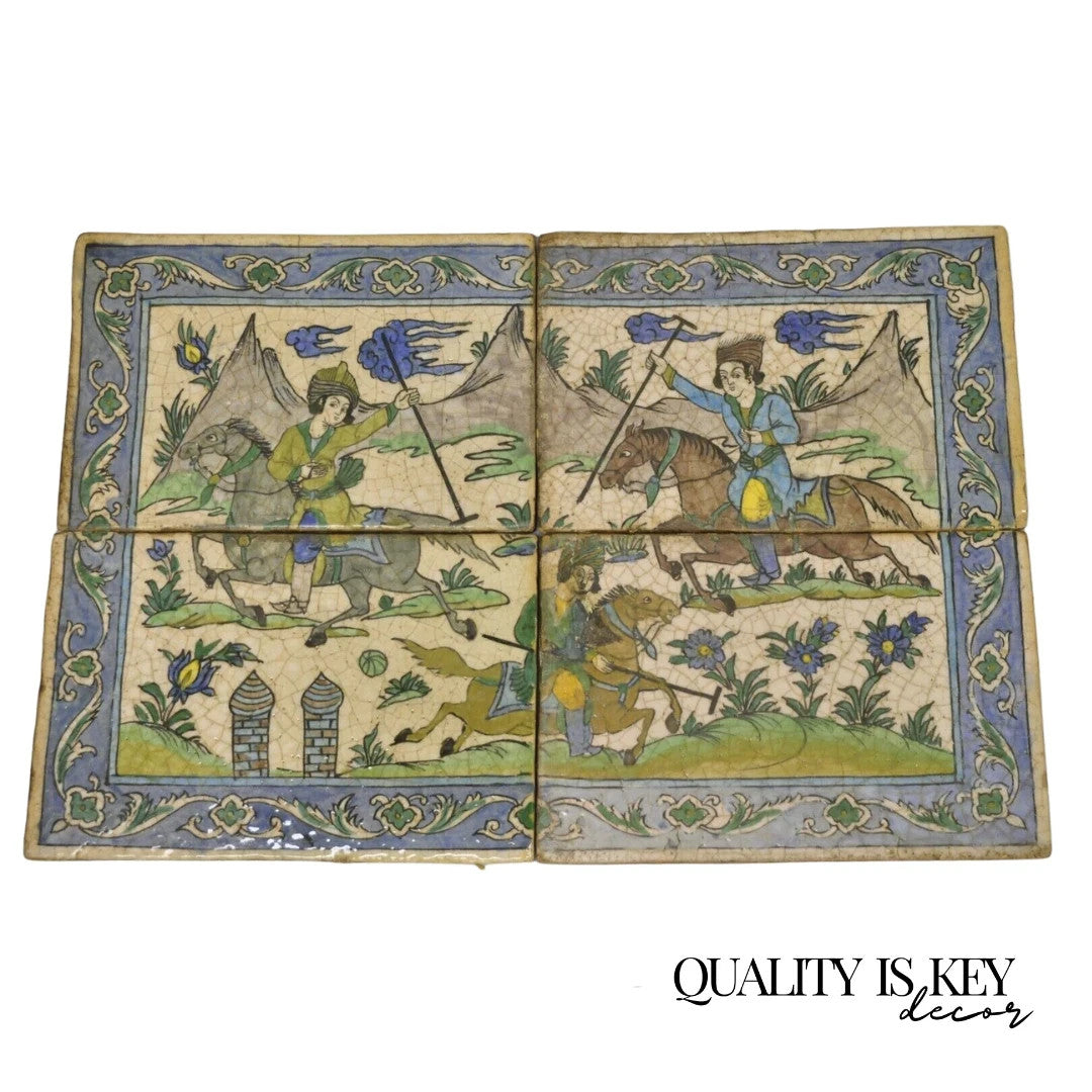Antique Persian Iznik Qajar Style Ceramic Pottery Tile Mosaic Polo Players C7