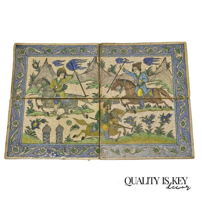 Antique Persian Iznik Qajar Style Ceramic Pottery Tile Mosaic Polo Players C7