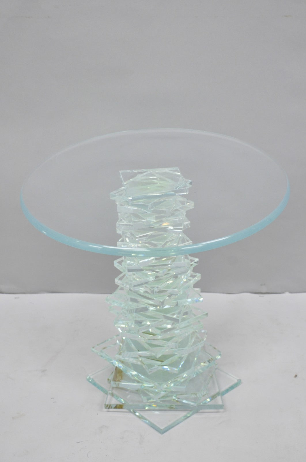 Vintage Mid Century Modern Stacked Glass Skyscraper Round Accent Side Table