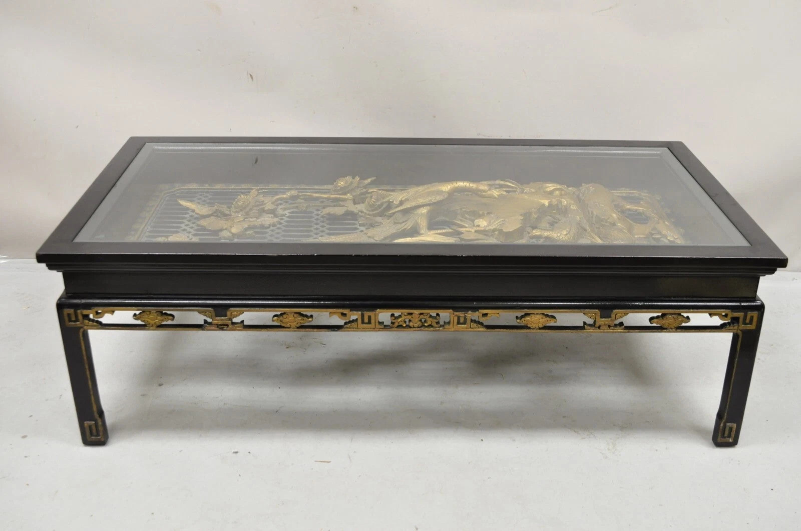 Vintage Chinese Relief Carved Ho ho Bird Glass Top Display Oriental Coffee Table