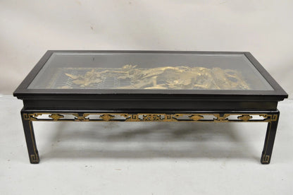 Vintage Chinese Relief Carved Ho ho Bird Glass Top Display Oriental Coffee Table