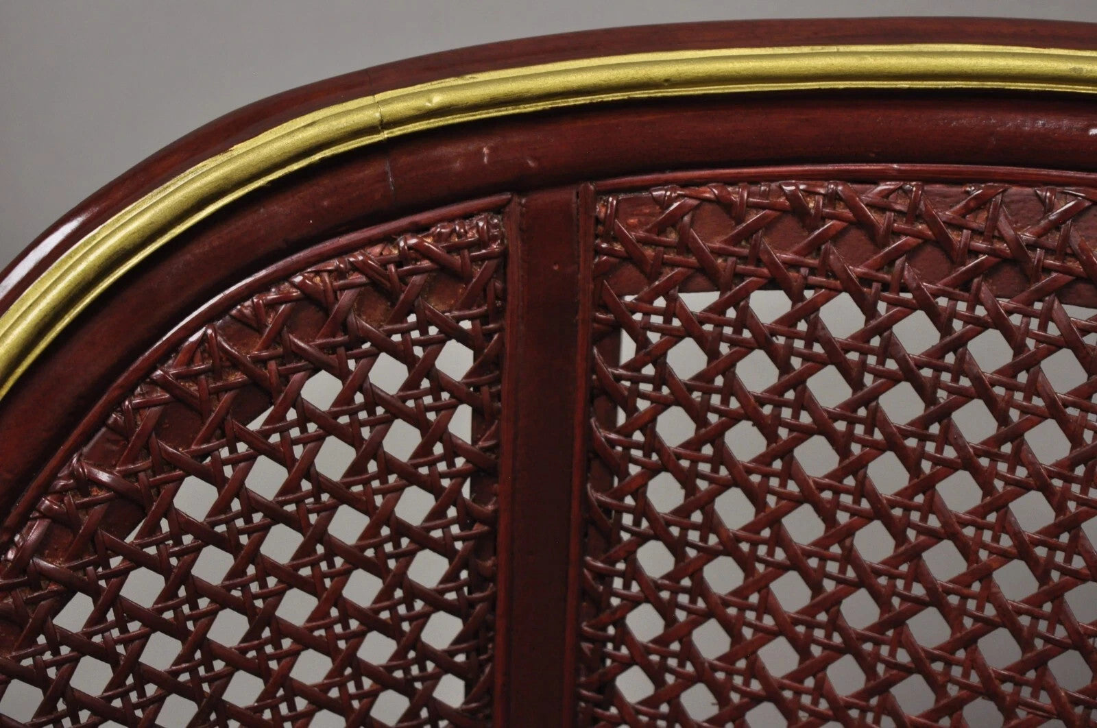 Vintage French Louis XV Style Red Lacquer & Gold Cane Bergere Lounge Club Chair