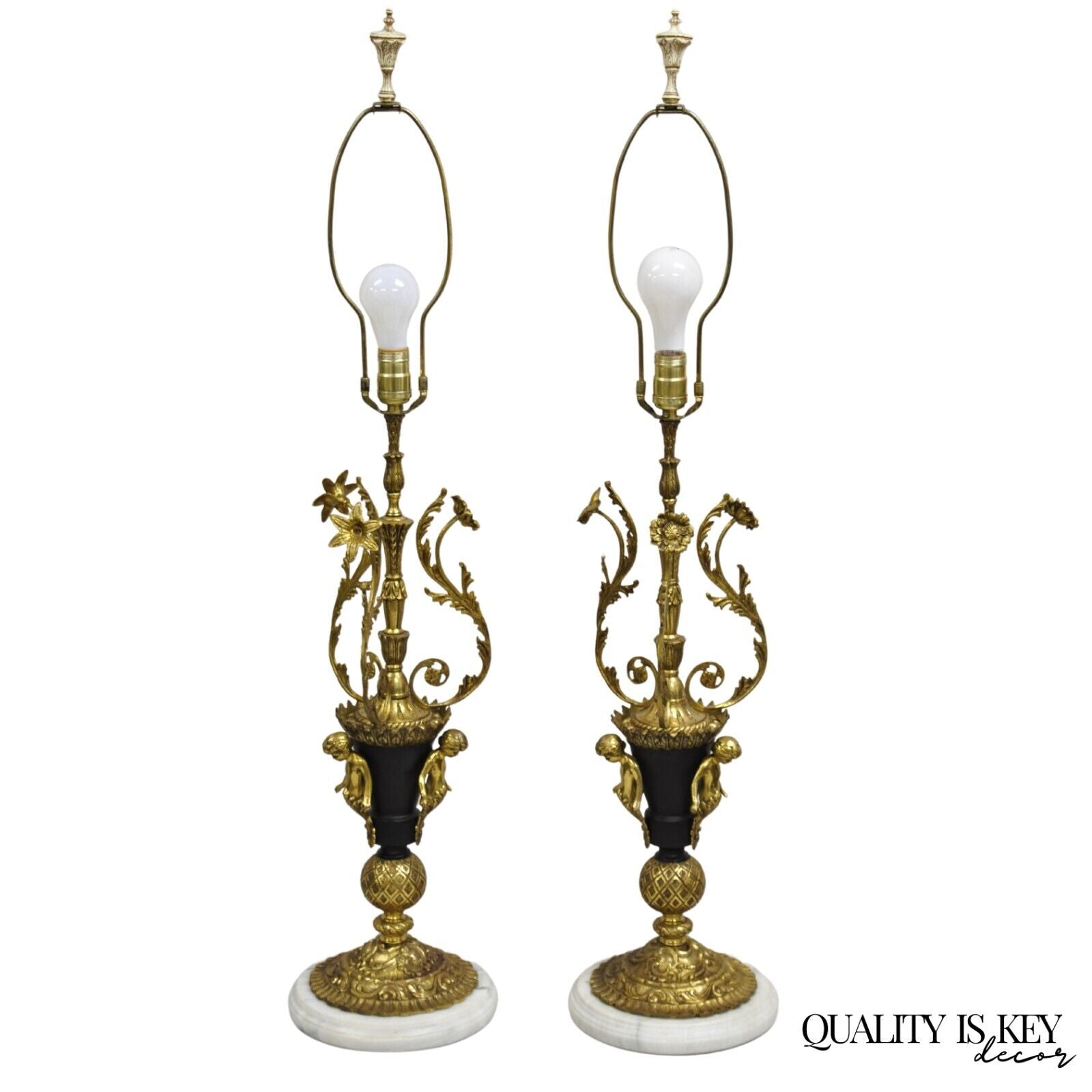 Vintage French Louis XV Brass & Marble Figural Table Lamps w/ Cherubs - a Pair