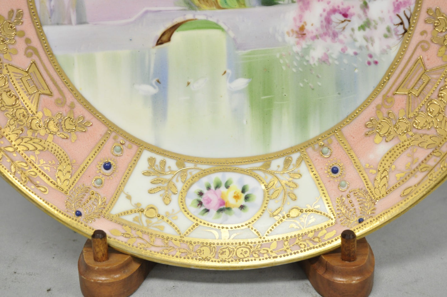 Antique Nippon Hand Painted Porcelain Gold Gilt Swan & Lake Scene Cabinet Plate