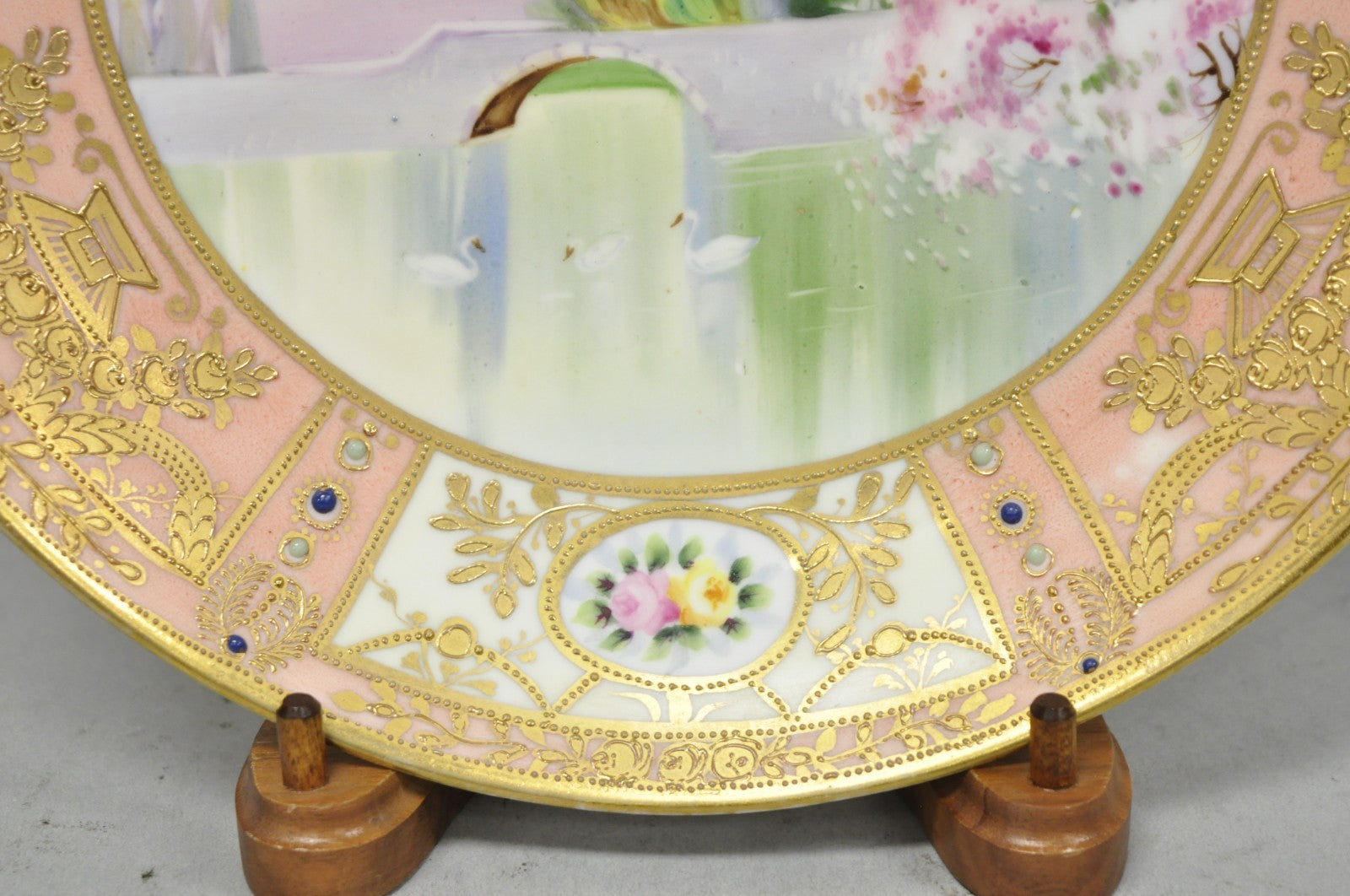 Antique Nippon Hand Painted Porcelain Gold Gilt Swan & Lake Scene Cabinet Plate